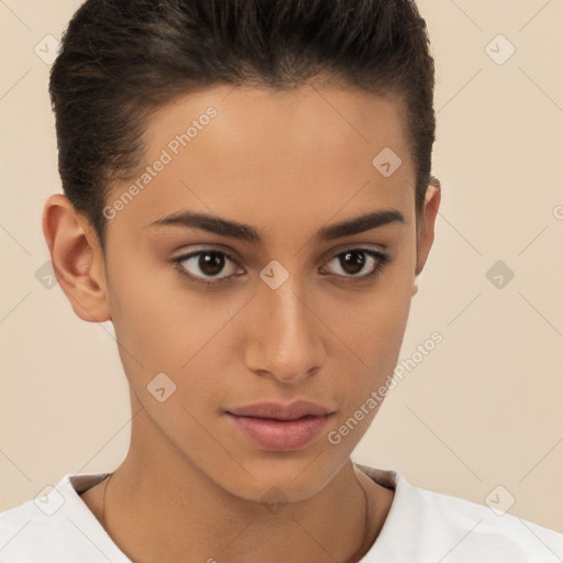 Neutral white young-adult female with short  brown hair and brown eyes