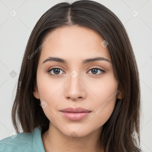 Neutral white young-adult female with long  brown hair and brown eyes