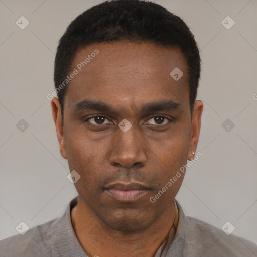 Neutral black adult male with short  black hair and brown eyes