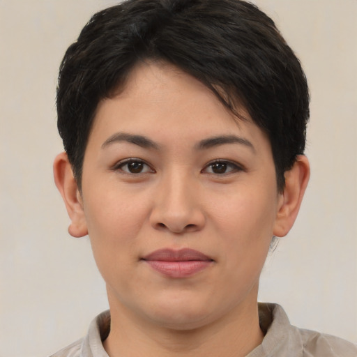 Joyful asian young-adult female with short  brown hair and brown eyes