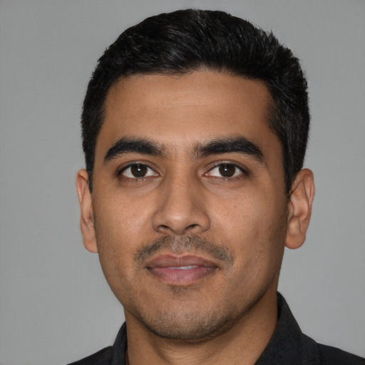 Neutral latino young-adult male with short  black hair and brown eyes