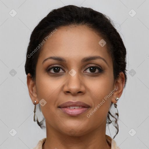 Joyful latino young-adult female with long  brown hair and brown eyes