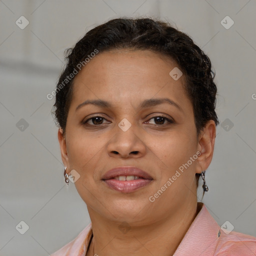 Joyful latino young-adult female with short  brown hair and brown eyes