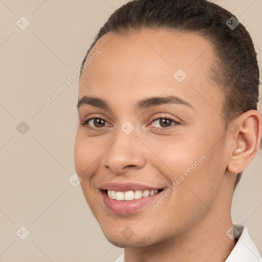 Joyful white young-adult female with short  brown hair and brown eyes