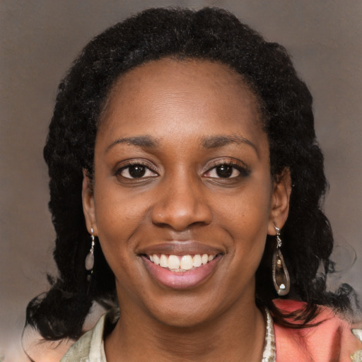 Joyful black young-adult female with medium  black hair and brown eyes