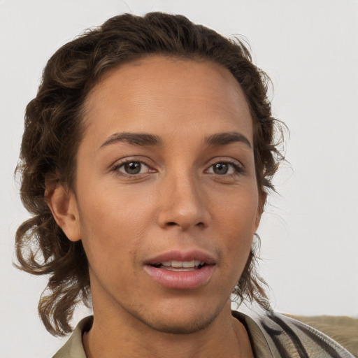 Neutral white adult female with short  brown hair and brown eyes