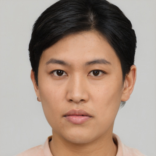 Neutral asian young-adult female with short  black hair and brown eyes