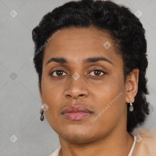 Neutral latino young-adult female with short  black hair and brown eyes