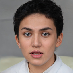 Neutral white young-adult female with short  brown hair and brown eyes