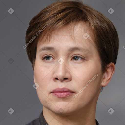 Joyful white adult male with short  brown hair and grey eyes