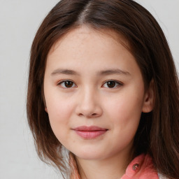 Joyful white child female with medium  brown hair and brown eyes