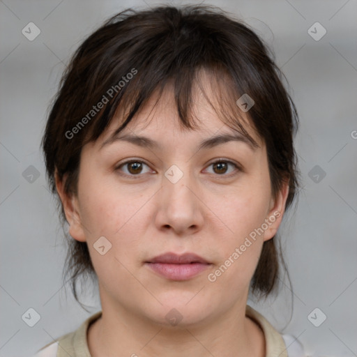 Neutral white young-adult female with medium  brown hair and brown eyes