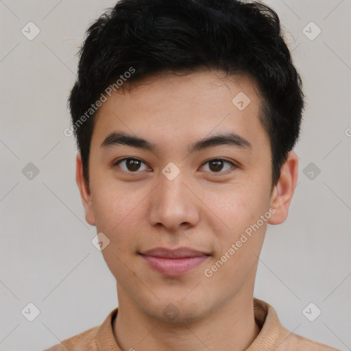 Joyful latino young-adult male with short  brown hair and brown eyes