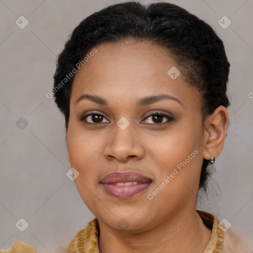 Joyful latino young-adult female with short  brown hair and brown eyes