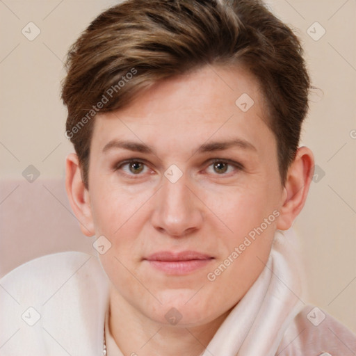 Joyful white young-adult female with short  brown hair and brown eyes