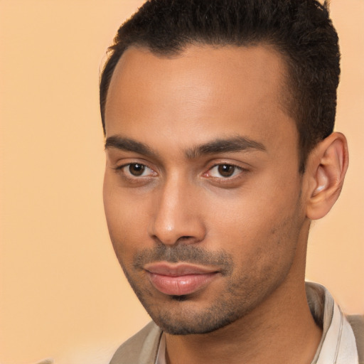 Neutral white young-adult male with short  brown hair and brown eyes