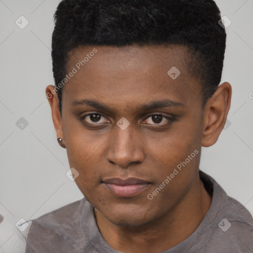 Neutral black young-adult male with short  black hair and brown eyes