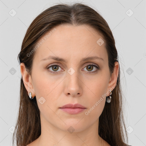 Neutral white young-adult female with long  brown hair and brown eyes