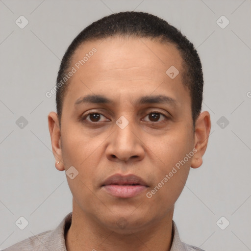 Neutral latino young-adult male with short  black hair and brown eyes