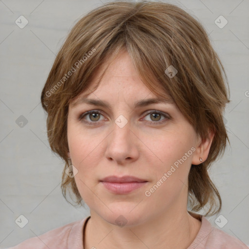 Neutral white young-adult female with medium  brown hair and blue eyes