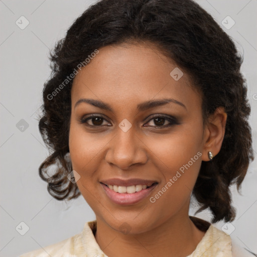 Joyful black young-adult female with medium  brown hair and brown eyes