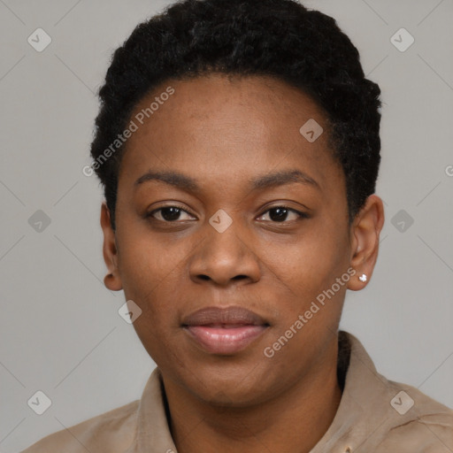 Neutral black young-adult female with short  black hair and brown eyes