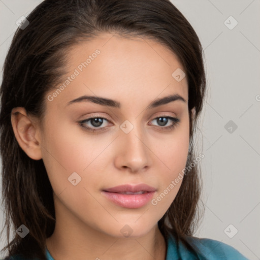 Neutral white young-adult female with long  brown hair and brown eyes