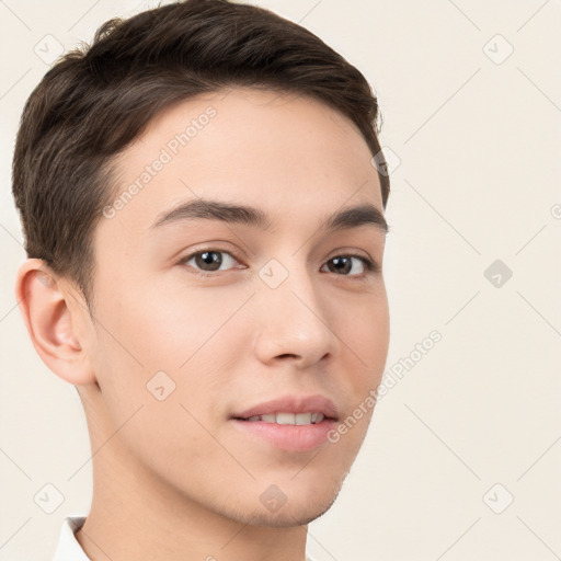 Neutral white young-adult male with short  brown hair and brown eyes