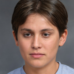 Neutral white young-adult female with short  brown hair and brown eyes