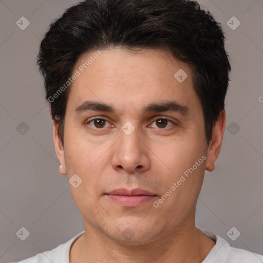 Neutral white adult male with short  brown hair and brown eyes