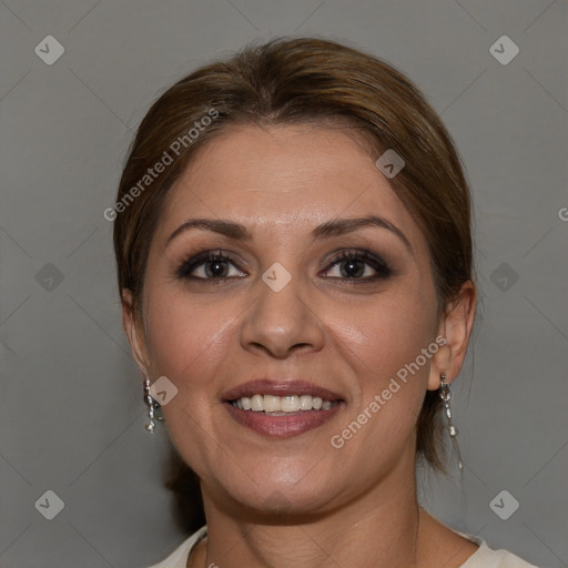 Joyful white young-adult female with medium  brown hair and brown eyes