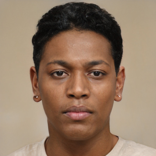 Neutral black young-adult female with short  black hair and brown eyes