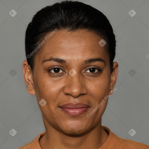 Joyful black young-adult female with short  black hair and brown eyes
