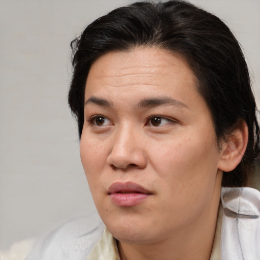 Joyful white adult female with short  brown hair and brown eyes