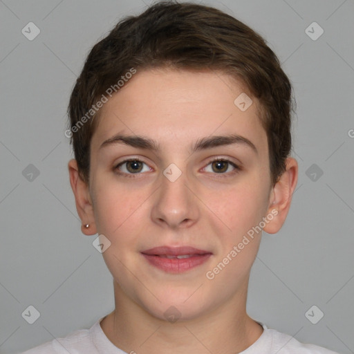 Joyful white young-adult female with short  brown hair and brown eyes