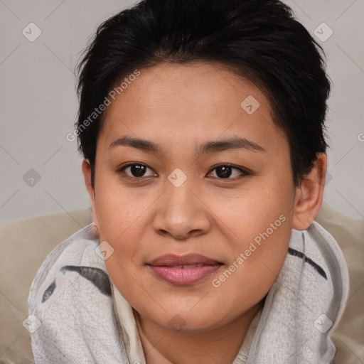 Joyful asian young-adult female with short  brown hair and brown eyes