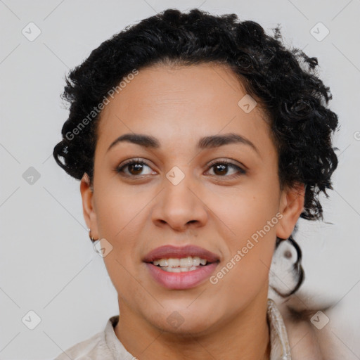 Joyful latino young-adult female with short  brown hair and brown eyes