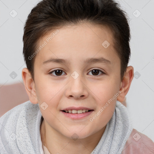 Joyful white child female with short  brown hair and brown eyes