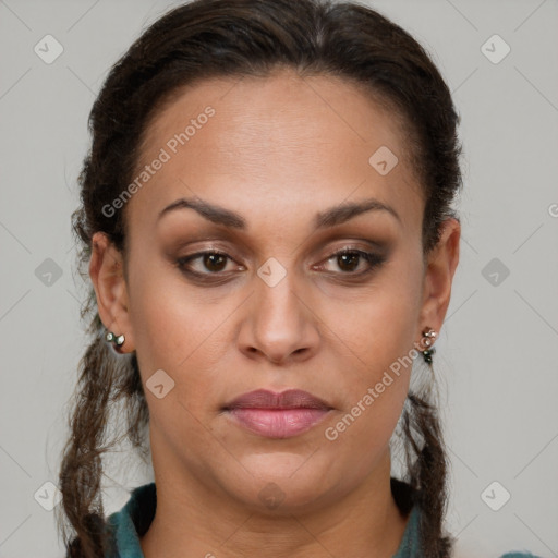 Joyful latino young-adult female with long  brown hair and brown eyes