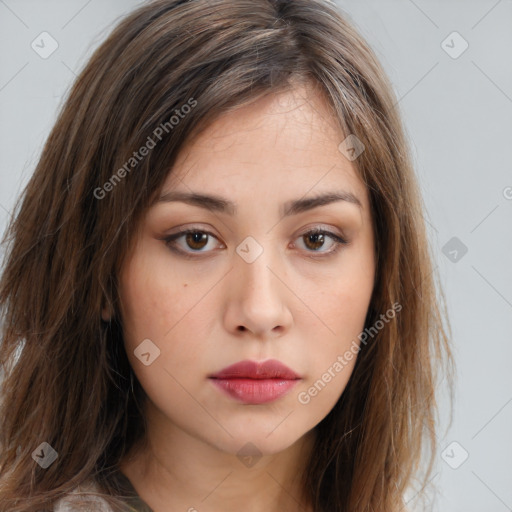 Neutral white young-adult female with long  brown hair and brown eyes