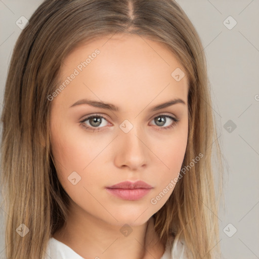 Neutral white young-adult female with long  brown hair and brown eyes