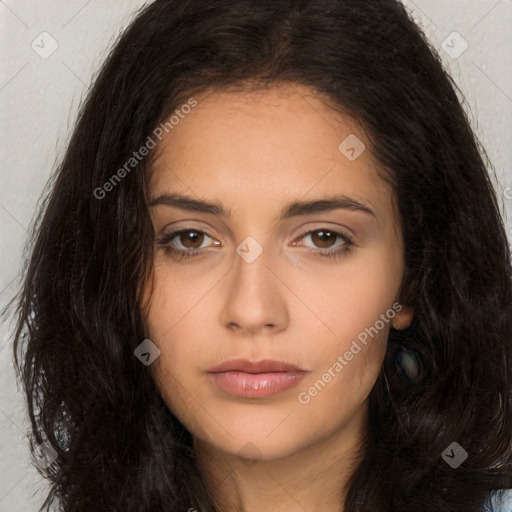 Neutral white young-adult female with long  brown hair and brown eyes