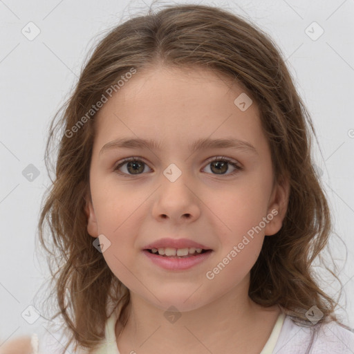 Joyful white child female with medium  brown hair and brown eyes