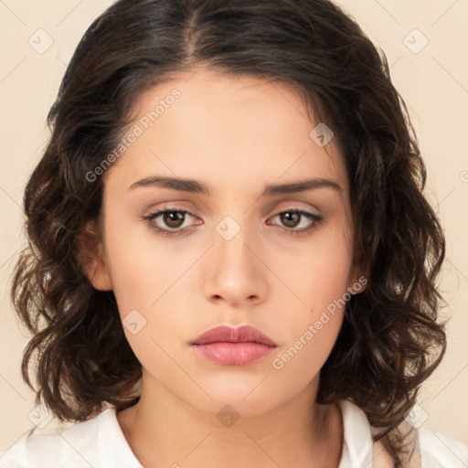 Neutral white young-adult female with medium  brown hair and brown eyes