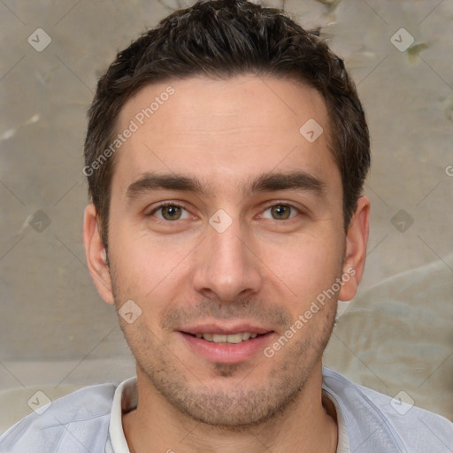 Joyful white young-adult male with short  brown hair and brown eyes