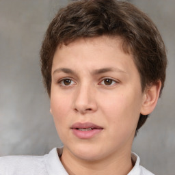 Neutral white young-adult female with short  brown hair and brown eyes