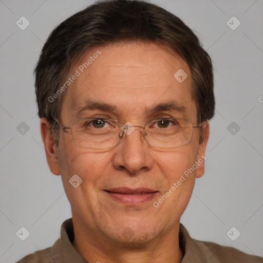 Joyful white middle-aged male with short  brown hair and brown eyes