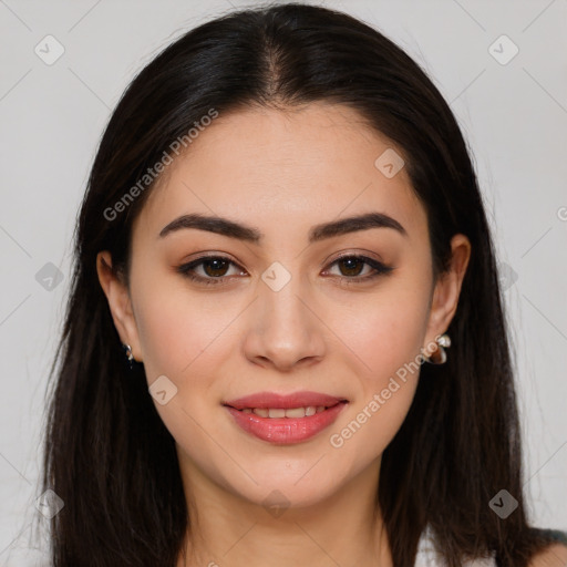 Joyful white young-adult female with long  brown hair and brown eyes