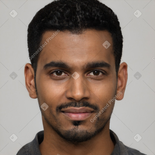 Joyful black young-adult male with short  black hair and brown eyes