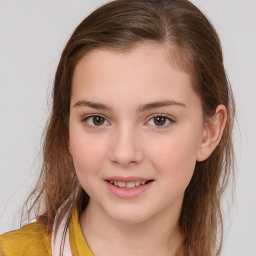 Joyful white child female with medium  brown hair and brown eyes